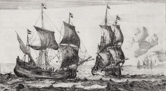 Gravura de navios holandeses do século XVII (Wenceslaus Hollar)