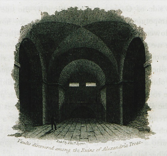 Vaults discovered among the Ruins of Alexandria Troas (engraving, reaproveitada como representação genérica de biblioteca/arquivo antigo)