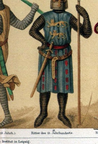 Recorte de cavaleiro medieval (Ritter des 13. Jahrhunderts) de cartaz de trajes históricos Meyers Konv.-Lexikon