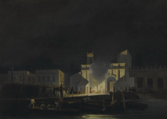 Pintura de bombardeio noturno francês com bandeira 'FONDA FRANCESA' visível