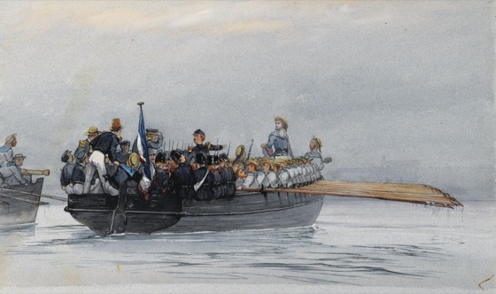 Aquarela de desembarque de tropas francesas com bandeira tricolor