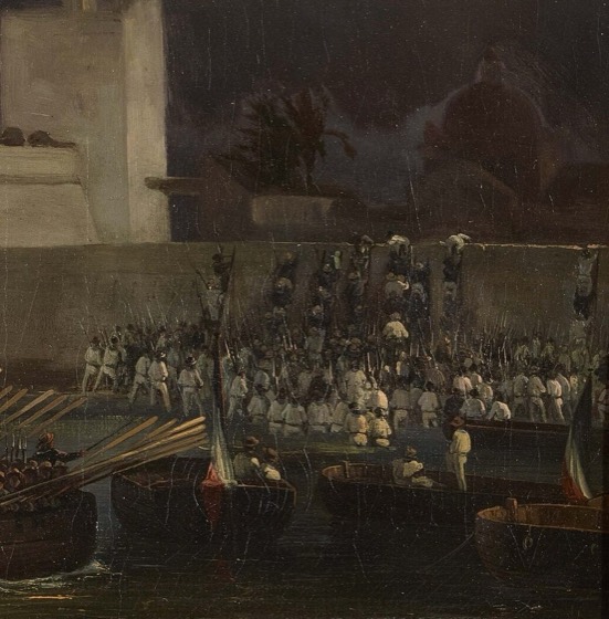 Recorte cinematográfico de pintura de assalto com escadas a fortaleza (mesma série da cena 1)