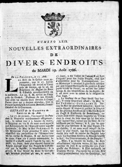 Gazeta 'Nouvelles Extraordinaires de Divers Endroits' (1786)