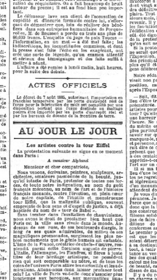'Les artistes contre la tour Eiffel' - texto do protesto