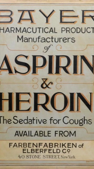cartaz da Bayer anunciando ASPIRIN & HEROIN, 'The Sedative for Coughs'