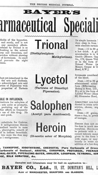 anúncio da Bayer no British Medical Journal: Trional, Lycetol, Salophen e Heroin