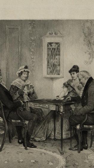 gravura de uma partida de cartas em sala de visitas