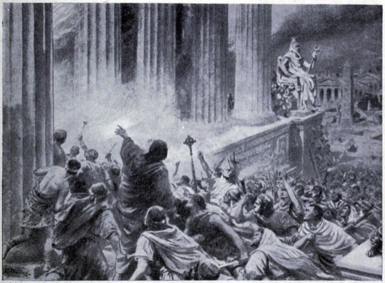 The Burning of the Library at Alexandria in 391 AD, illustration from 'Hutchinsons History of the Nations', c.1910 (litho), Dudley, Ambrose (fl. 1920s) / Private Collection / The Stapleton Collection / The Bridgeman Art Library