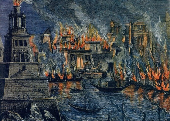 The fire of Alexandria, woodcuts by Hermann Göll, 1876.