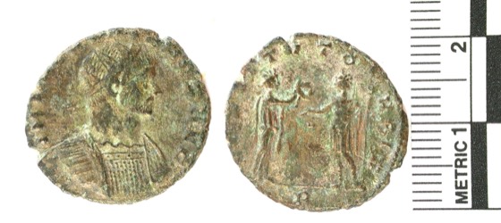 A copper alloy Radiate (antoninianus) of Aurelian. Reece period:13 [260-275]. Obverse description: Radiate cuirassed bust right. Obverse inscription: IMP AVRELIANVS AVG. Reverse description: Woman presents wreath to Emperor on right holding spear. Reverse inscription: RESTITVT ORBIS. Degree of wear: