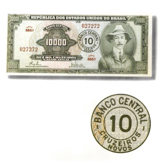 Cédula do Santos Dumont no valor de 10 mil Cruzeiros e com o carimbo do Banco Central para valer 10 cruzeiros na reforma monetária de 1967.