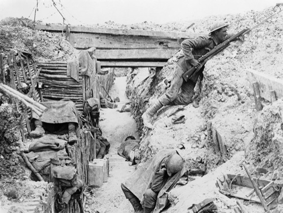 A German trench occupied by British Soldiers near the Albert-Bapaume road at Ovillers-la-Boisselle, July 1916 during the Battle of the Somme. The men are from A Company, 11th Battalion, The Cheshire Regiment.
