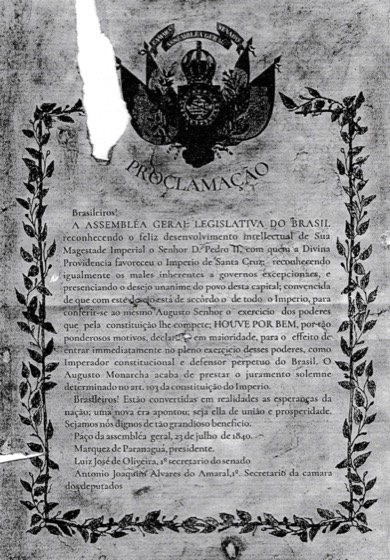 Documento do legislativo sobre a maioridade de D. Pedro I em 1840.
