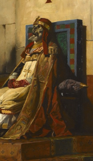 Recorte (close no cadáver de Formoso no trono) da mesma obra usada na cena 1 — 'Le jugement du pape Formose', Jean-Paul Laurens. Feito via PIL por este projeto; obra original inalterada.