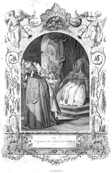 Illustration portraying the Cadaver Synod, the trial of the corpse of Pope Formosus, published circa 1870.