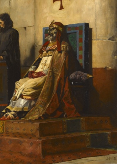 Recorte (o trono diante do tribunal, plano médio) da mesma obra usada na cena 1 — 'Le jugement du pape Formose', Jean-Paul Laurens. Feito via PIL por este projeto; obra original inalterada.