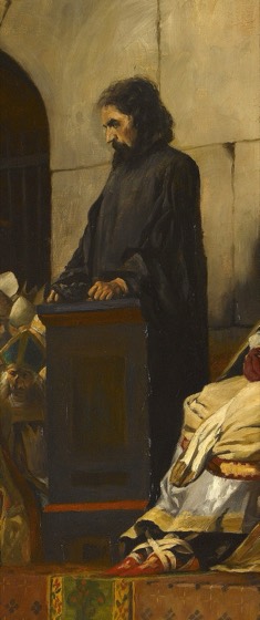 Recorte (o diácono de preto, no púlpito) da mesma obra usada na cena 1 — 'Le jugement du pape Formose', Jean-Paul Laurens. Feito via PIL por este projeto; obra original inalterada.