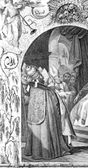 recorte do tribunal, na gravura da Histoire des papes (mesma obra da cena 5). Feito via PIL por este projeto.
