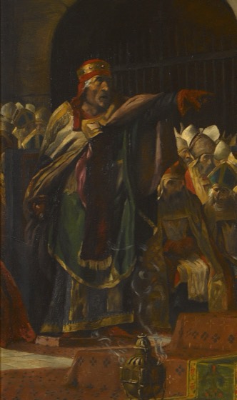 Recorte (Estêvão VI acusando, à esquerda) da mesma obra usada na cena 1 — 'Le jugement du pape Formose', Jean-Paul Laurens. Feito via PIL por este projeto; obra original inalterada.