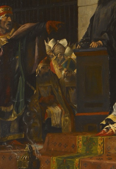 Recorte (os bispos sentados) da mesma obra usada na cena 1 — 'Le jugement du pape Formose', Jean-Paul Laurens. Feito via PIL por este projeto; obra original inalterada.