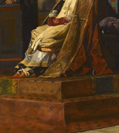 Recorte (as vestes papais sobre o corpo) da mesma obra usada na cena 1 — 'Le jugement du pape Formose', Jean-Paul Laurens. Feito via PIL por este projeto; obra original inalterada.