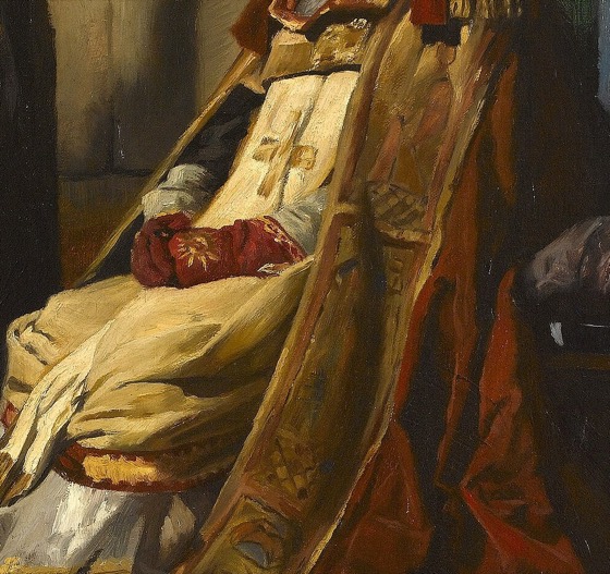 Recorte (as mãos do cadáver) da mesma obra usada na cena 1 — 'Le jugement du pape Formose', Jean-Paul Laurens. Feito via PIL por este projeto; obra original inalterada.