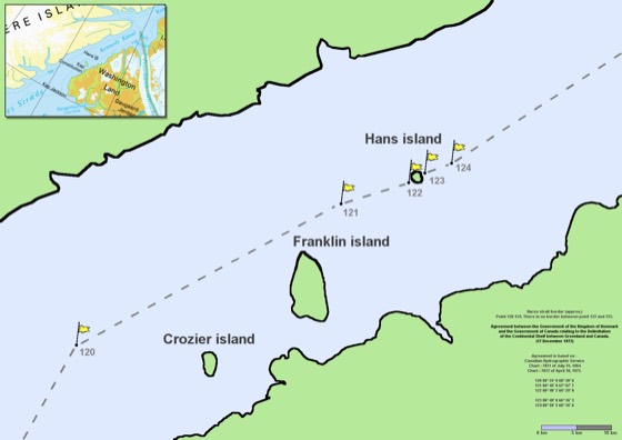 en:Nares Strait (en:Kennedy Channel) border (approx.) Point 120–124. There is no border between point 122 and 123. Agreement between the Government of the Kingdom of Denmark and the Government of Canada relating to the Delimitation of the Continental Shelf between Greenland and Canada. (17 December 