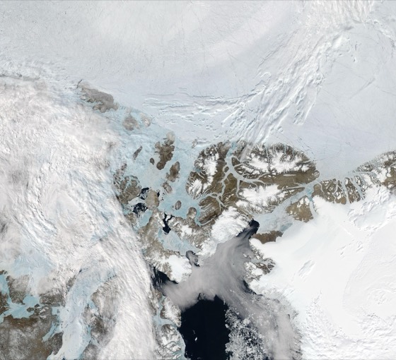 Arctic Sea ice persisted in far northern Canada in late June 2020, including the important “ice arch” that grows each winter in the Nares Strait between Ellesmere Island, Canada and western Greenland. The upside-down “u” shape of the southwestern edge of the arch can be seen close to the right edge 