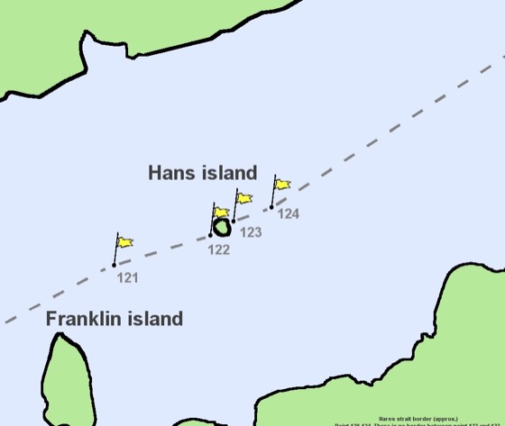 Recorte (aproximação na ilha Hans e na linha de fronteira) do mesmo mapa usado na cena 7. Feito via PIL por este projeto.